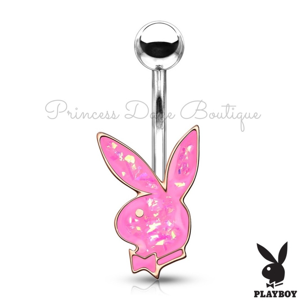Playboy Bunny Belly Button Ring Rose Gold Opal Pink Glitter Navel Jewelry